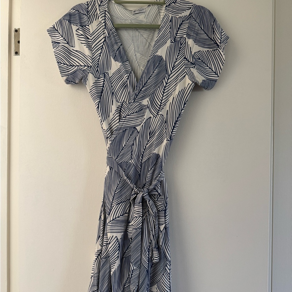 Hawaii Wrap Dress Blue White Leaf Print Beach Dress Size M